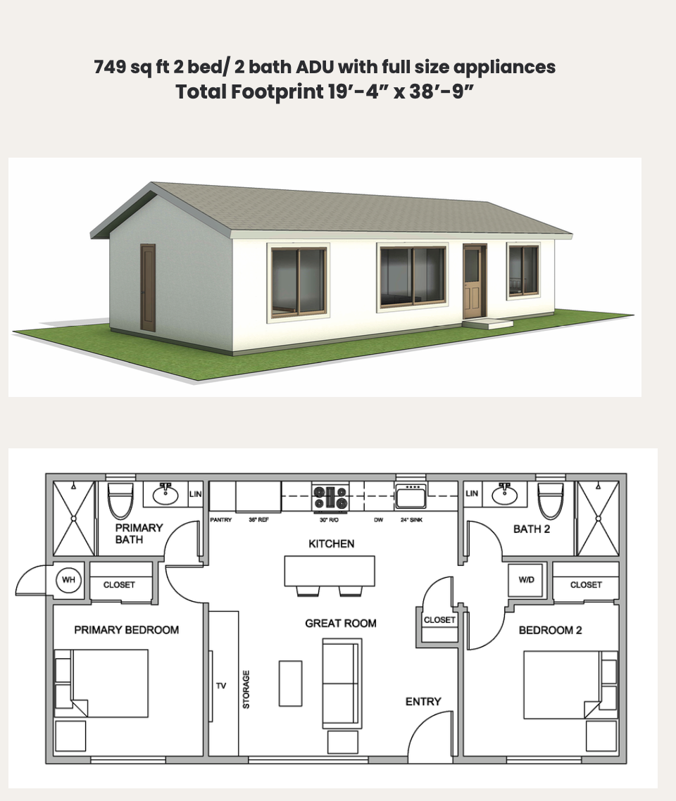 ADU floor plan and 3D rendering: 749 sq ft, 2 bedroom, 2 bath, full size appliances. Footprint 19 feet 4 inches by 38 feet 9 inches.