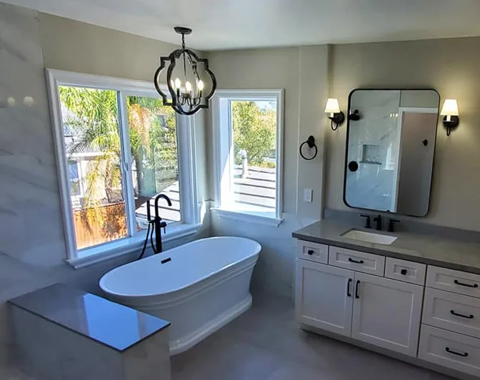 Master bathroom remodel with tiled walk-in shower in Murrieta, CA