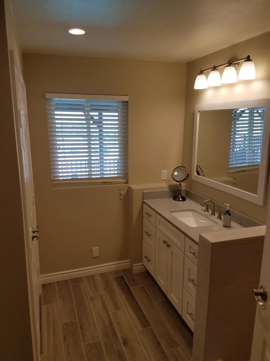 Remodeled guest bathroom with wood-look tile floor