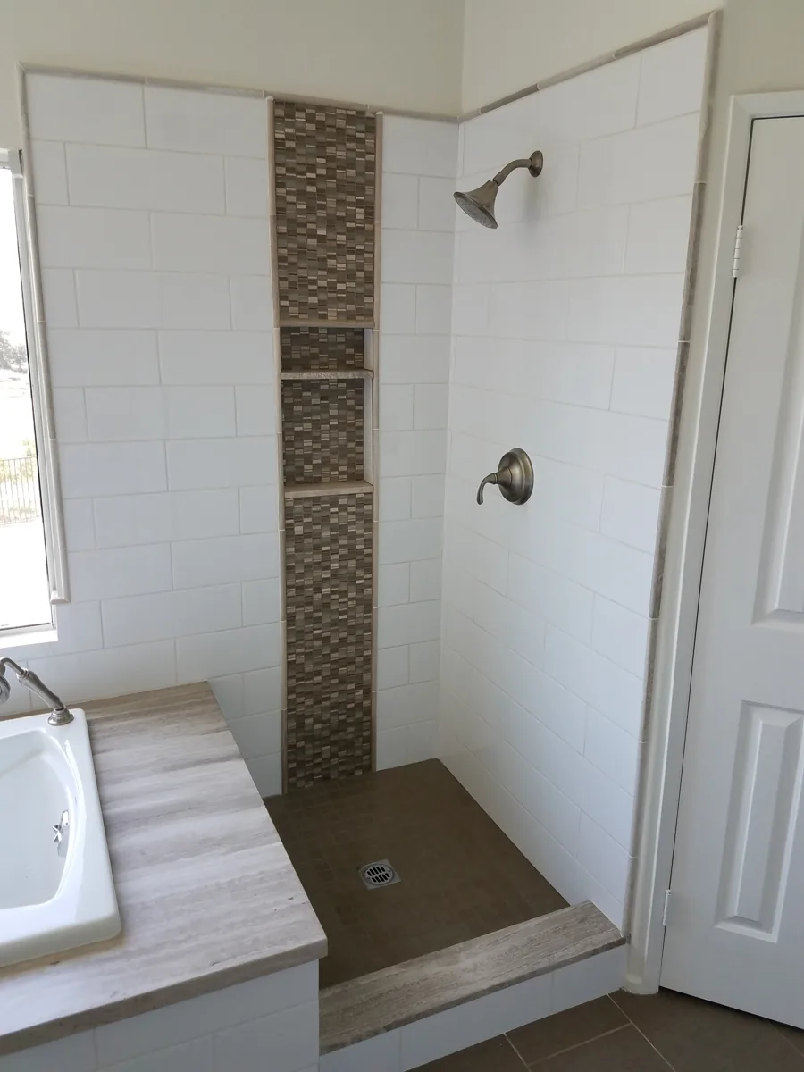 Walk-in shower with mosaic tile niche