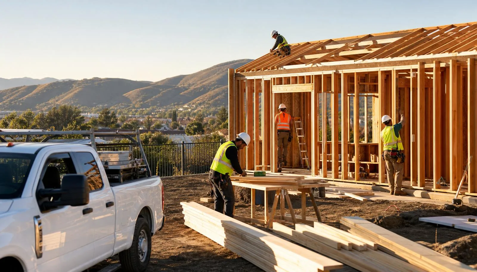 Woollard Construction crew framing an ADU on a sunny Temecula job site